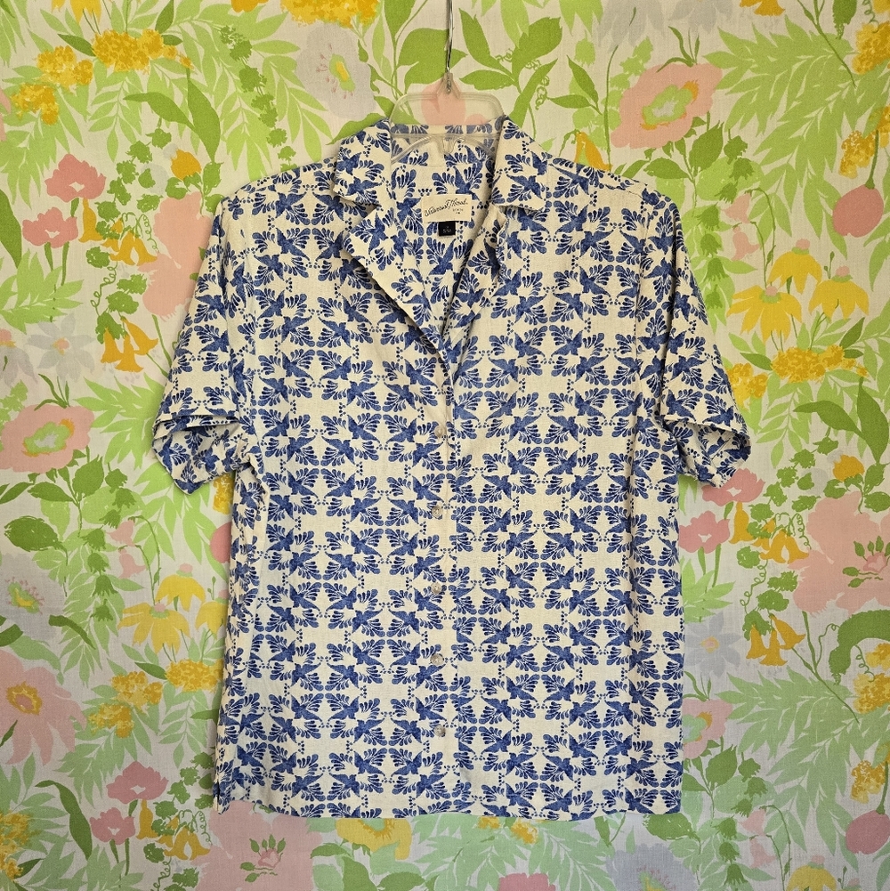 Blue And White Bird Print Linen Blend Button Shirt